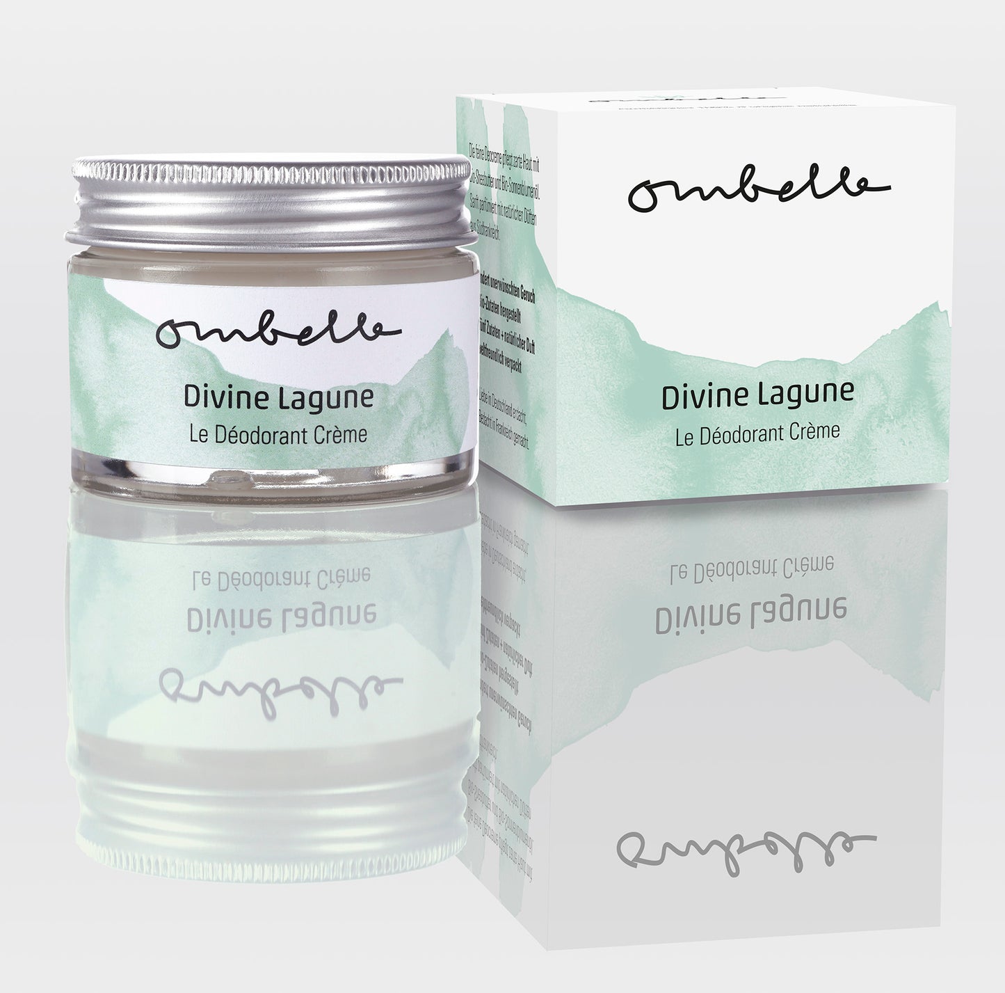 Ombelle Divine Lagune 35g Bio Creme Deo im Glastiegel mit Metalldeckel Shea Butter unraffiniert Fair Trade ohne Aluminiumsalze. Daneben ist das Foto von dem Faltschachtel.