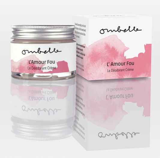 Ombelle L’Amour Fou 35g Bio Deocreme im Glastiegel mit Metalldeckel Shea Butter unraffiniert Fair Trade ohne Aluminiumsalze. Daneben ist das Foto von dem Faltschachtel.