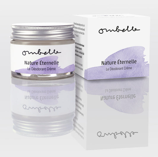 Ombelle Nature Éternelle 35g Bio Creme Deo im Glastiegel mit Metalldeckel Shea Butter unraffiniert Fair Trade. Daneben ist das Foto von dem Faltschachtel.