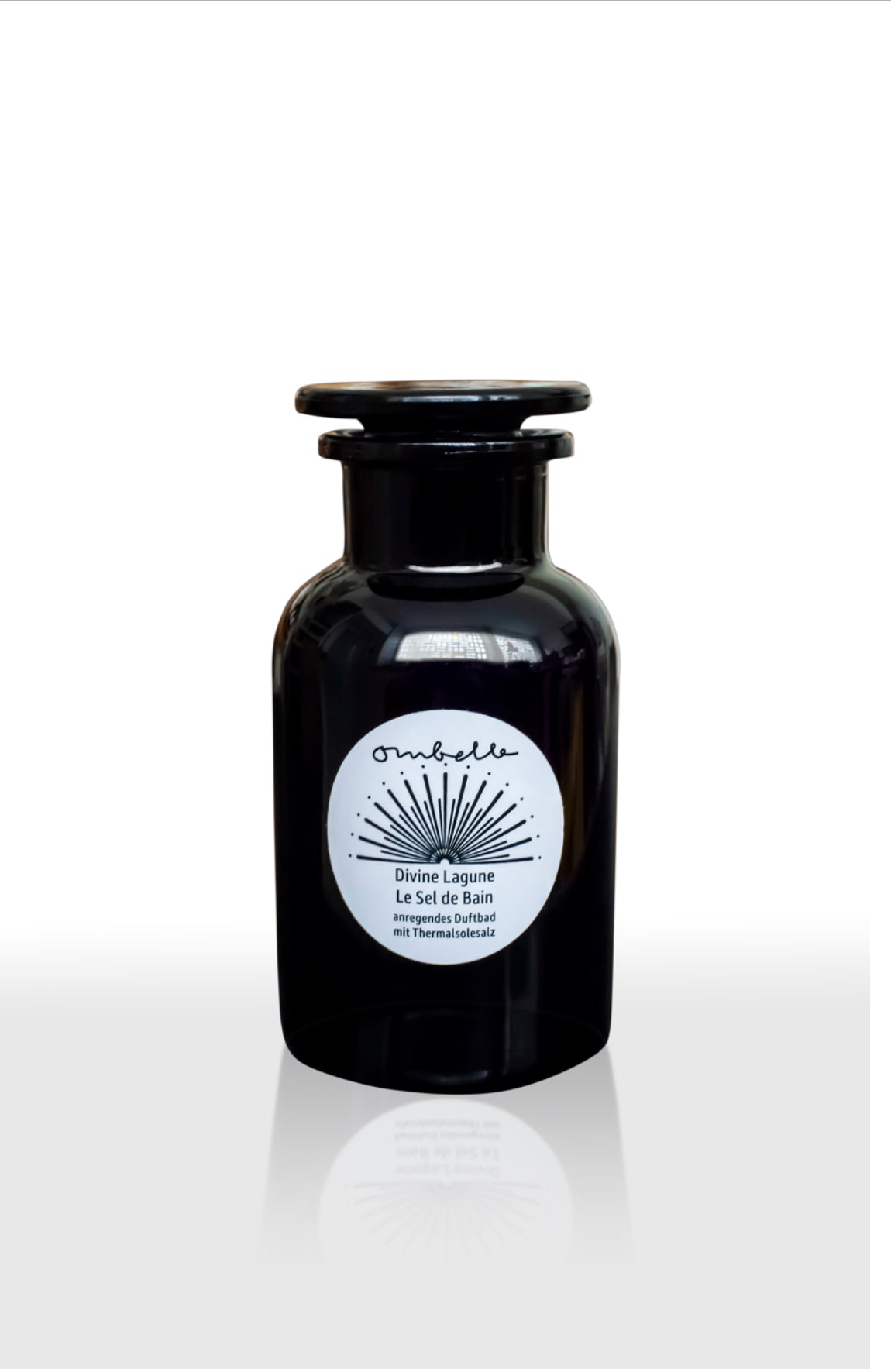 Badesalz im schwarzer Apotheker Flasche. Frischer Duft, Tiefensalz aus Natursole aus der Saline Luisenhall in Göttingen.