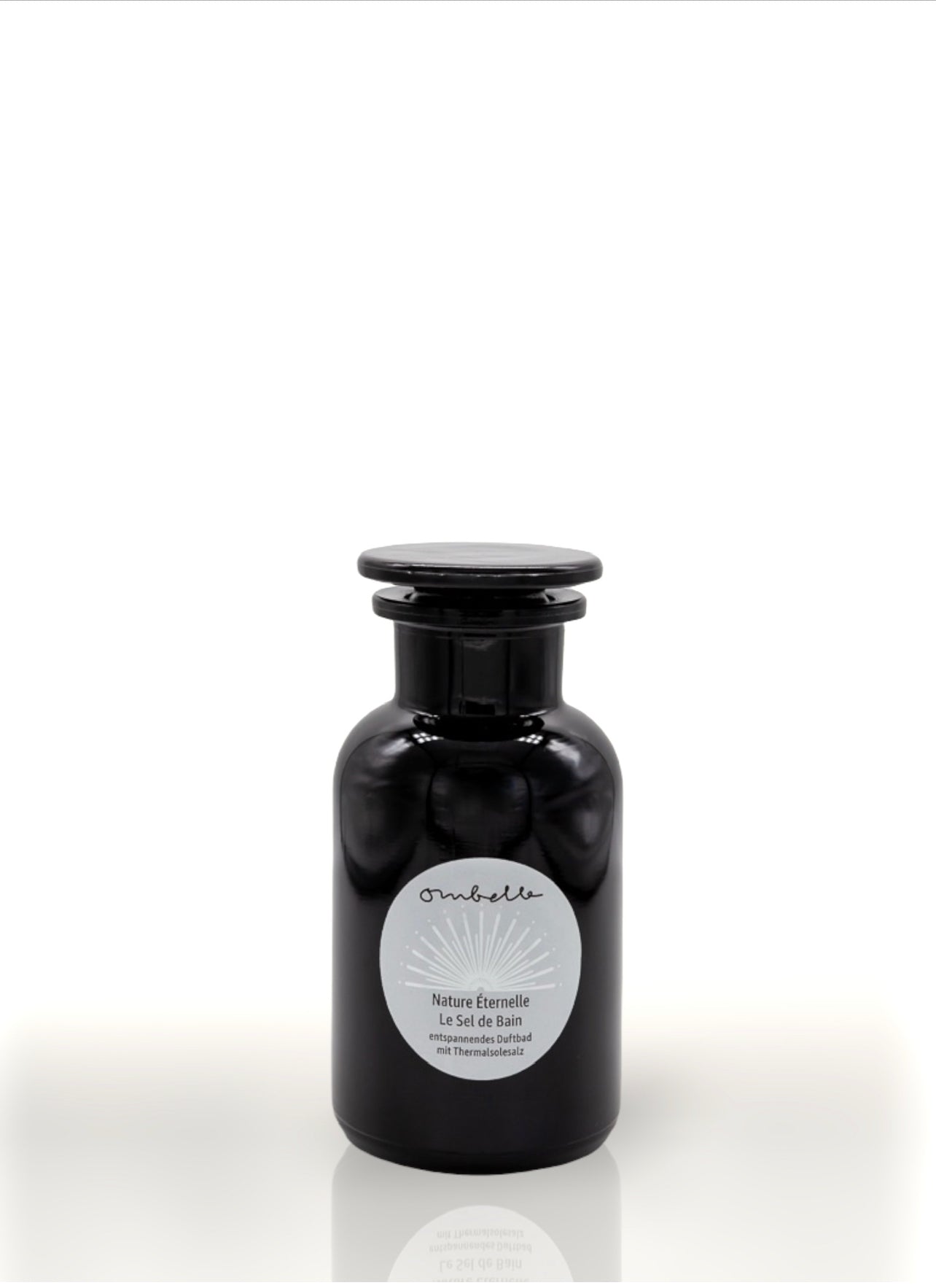 Badesalz im schwarzer Apotheker Flasche. Blumiger Duft, Tiefensalz aus Natursole aus der Saline Luisenhall in Göttingen.