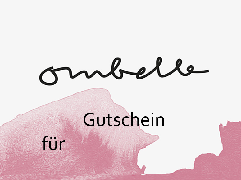 Ombelle Geschenk-Gutschein mit weißem Hintergrund und rosane Welle. Die Schrift ist schwarz.