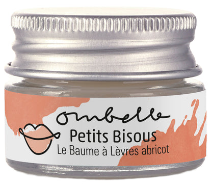 Ombelle Petits Bisous Lippenbalsam 5g im Glastiegel mit Metalldeckel mit natürlichem Blütenwachs. Die Farbe ist Aprikot.
