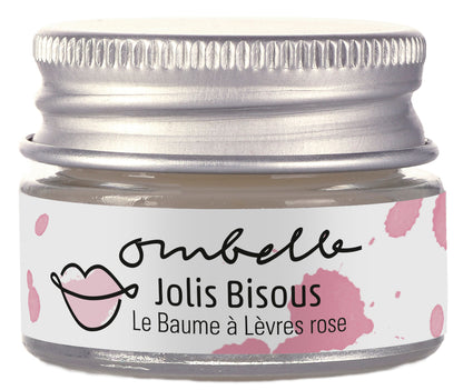 Ombelle Jolis Bisous Lippenbalsam 5g im Glastiegel mit Metalldeckel mit natürlichem Jasminwachs und Vitamin E, die Farbe ist rosa