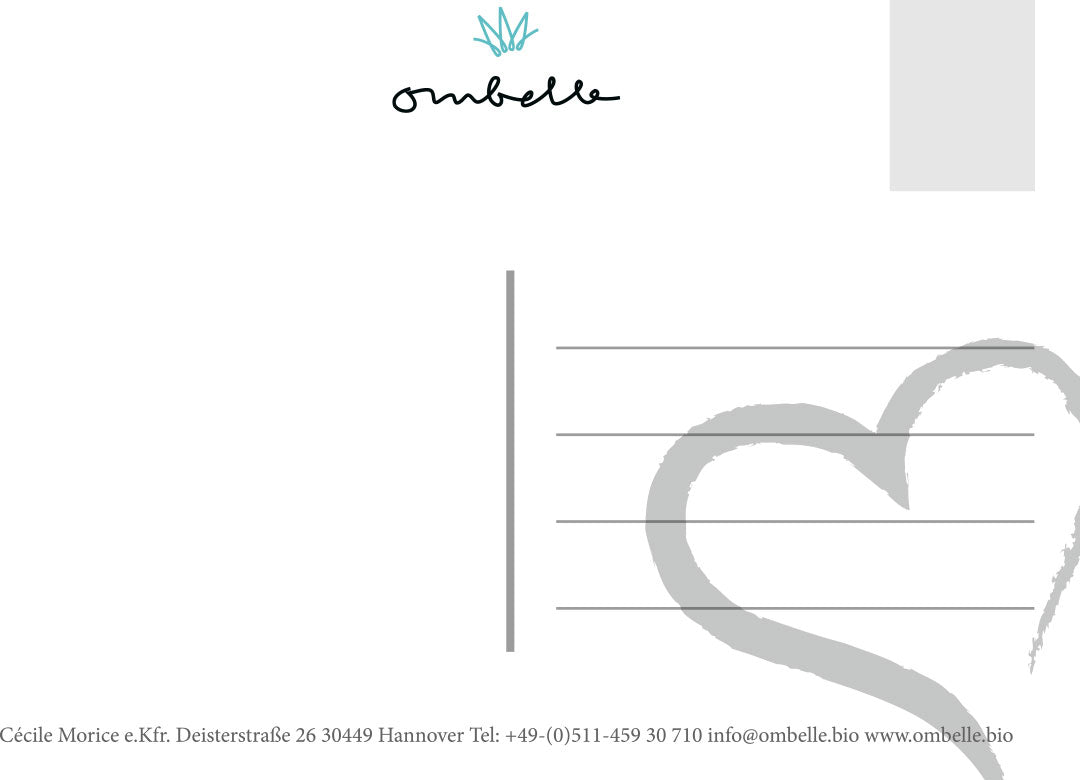 Adressseite einer Postkarte mit Herz und Ombelle Logo mit grüner Krone