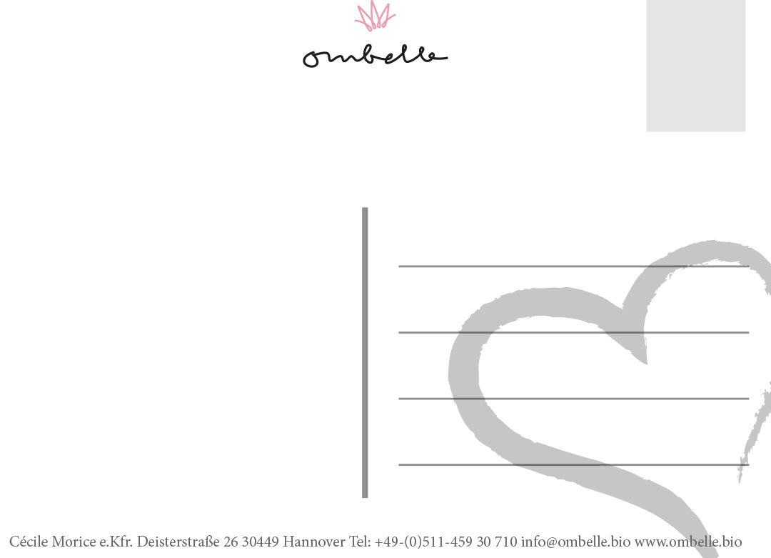 Adressseite der Postkarte mit einem Herz auf die Empfängerseite und das Ombelle Logo mit rosaner Krone.